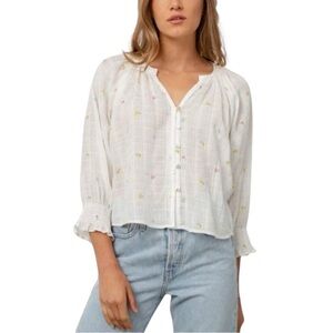 Rails Mariah Button-up Split Neck Cotton Blouse with smocked cuffs XXL Mini Buds